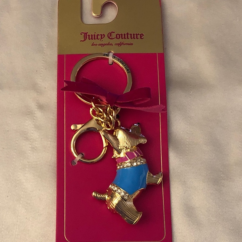 Juicy Couture Gold Tone & Blue Scottie Dog & Pink Bow Keychain Bag Charm NWT